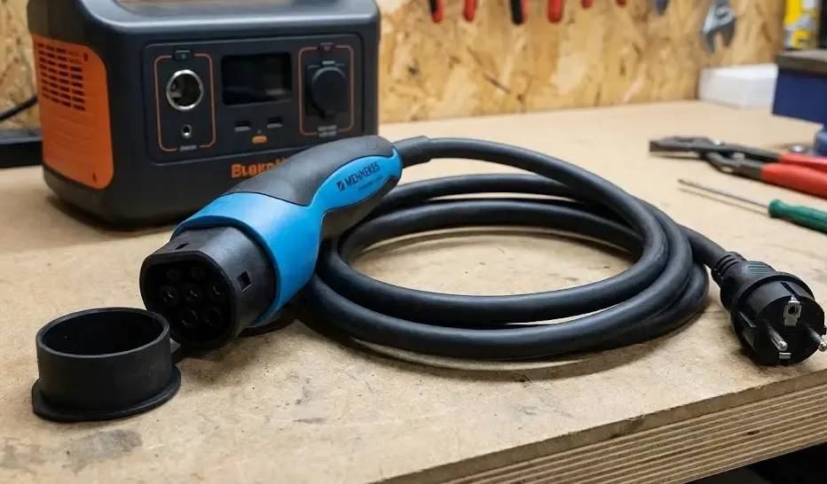 Detalle de adaptador Tipo 2 a Schuko para carga de estaciones de energía portátiles