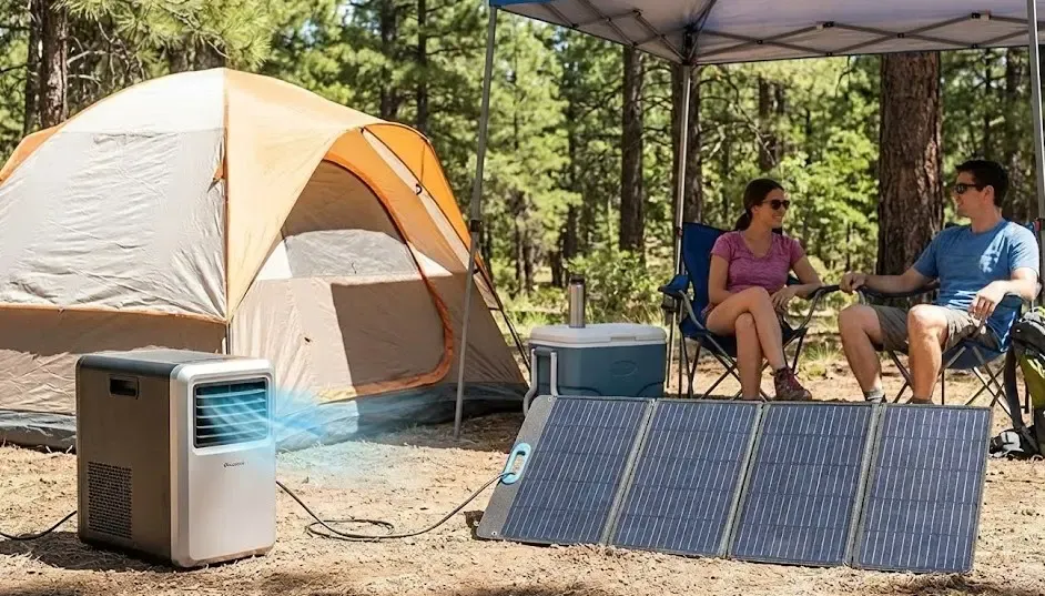 Aire acondicionado portátil funcionando con energía solar en camping