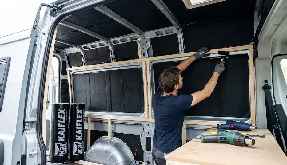Instalación de aislamiento térmico Kaiflex en furgoneta camper para climatización eficiente