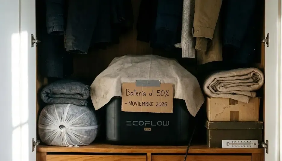 Una estación de energía guardada en un armario de casa durante el invierno con un cartel indicando batería al 50 por ciento