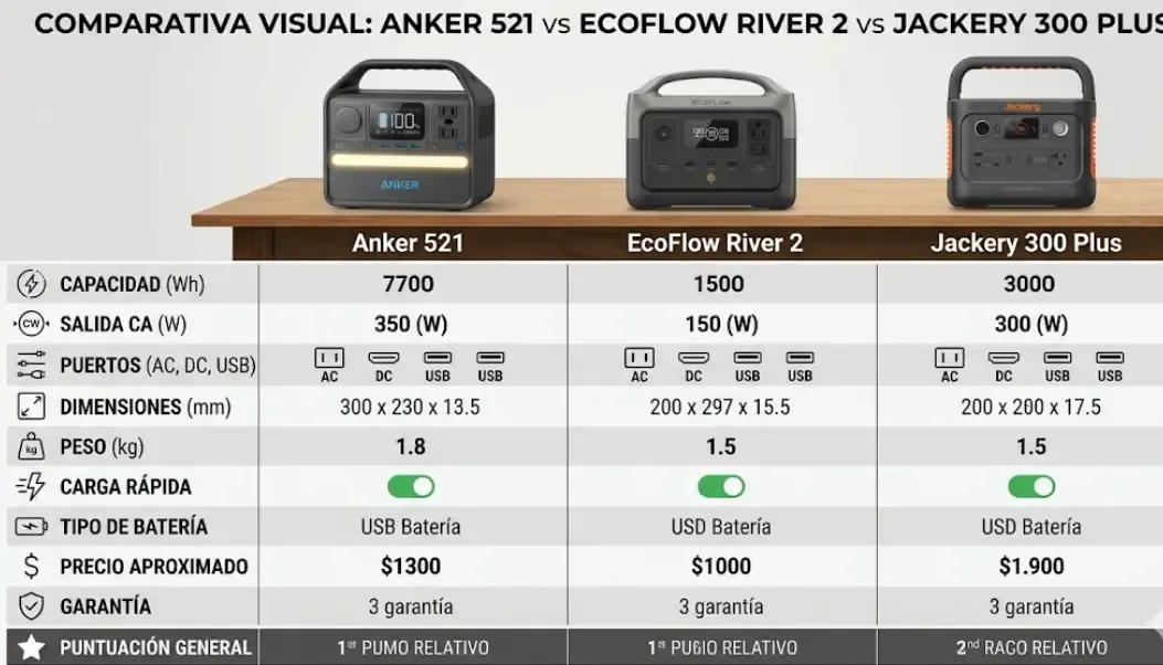 Comparativa visual entre Anker 521, EcoFlow River 2 y Jackery 300 Plus