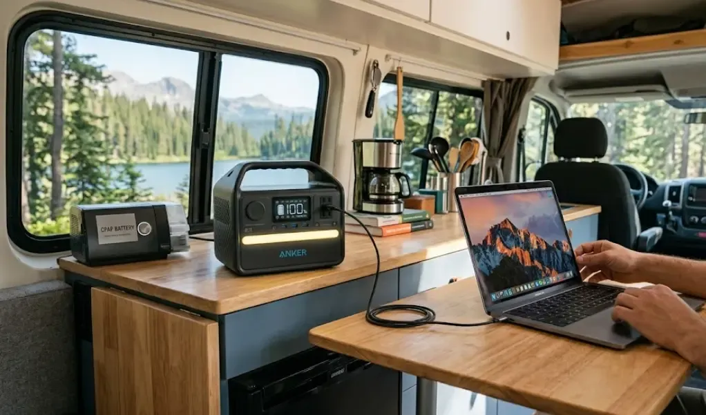 Anker 521 PowerHouse cargando un portátil dentro de una furgoneta camper