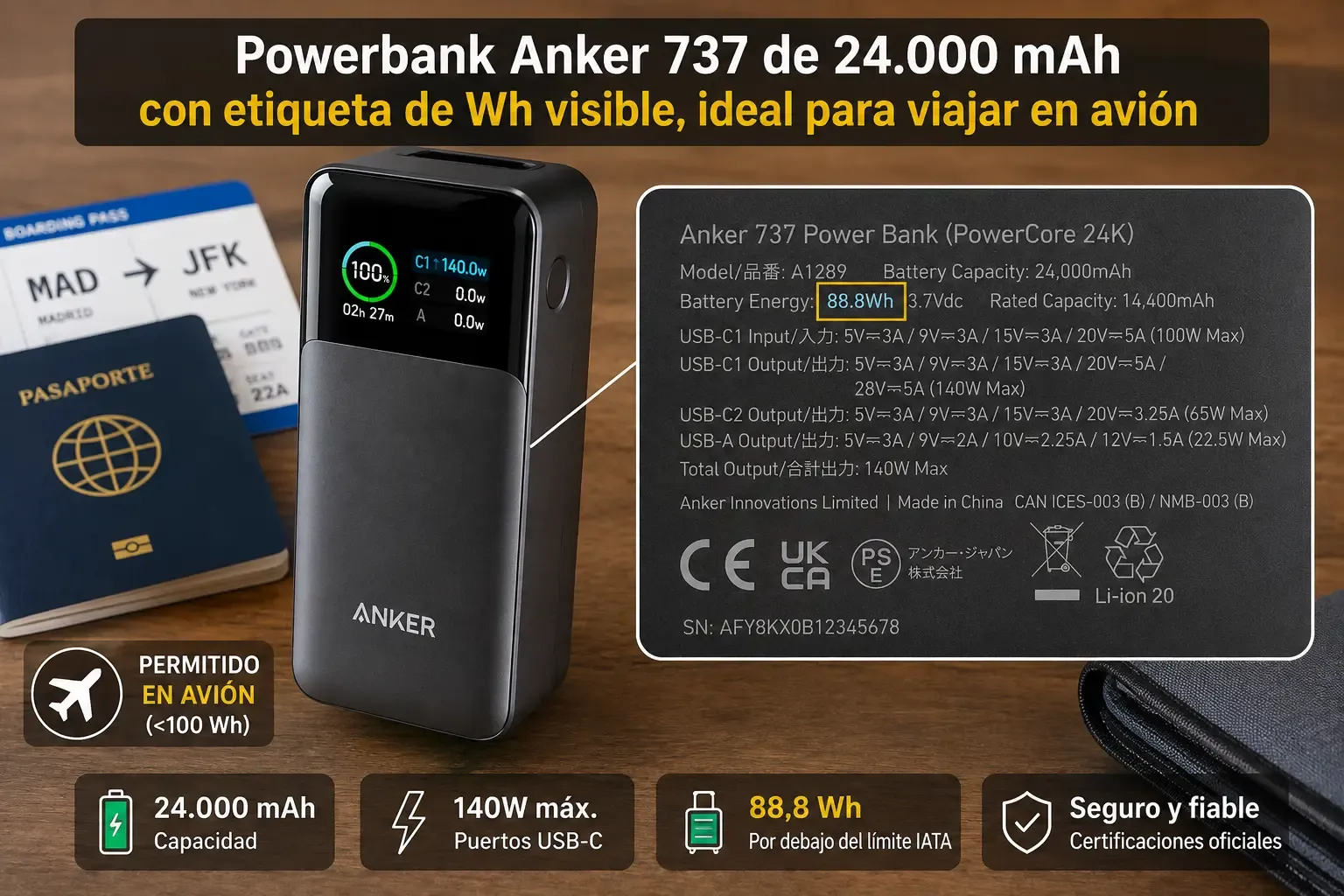 Powerbank Anker 737 de 24.000 mAh con etiqueta de Wh visible, ideal para viajar en avión