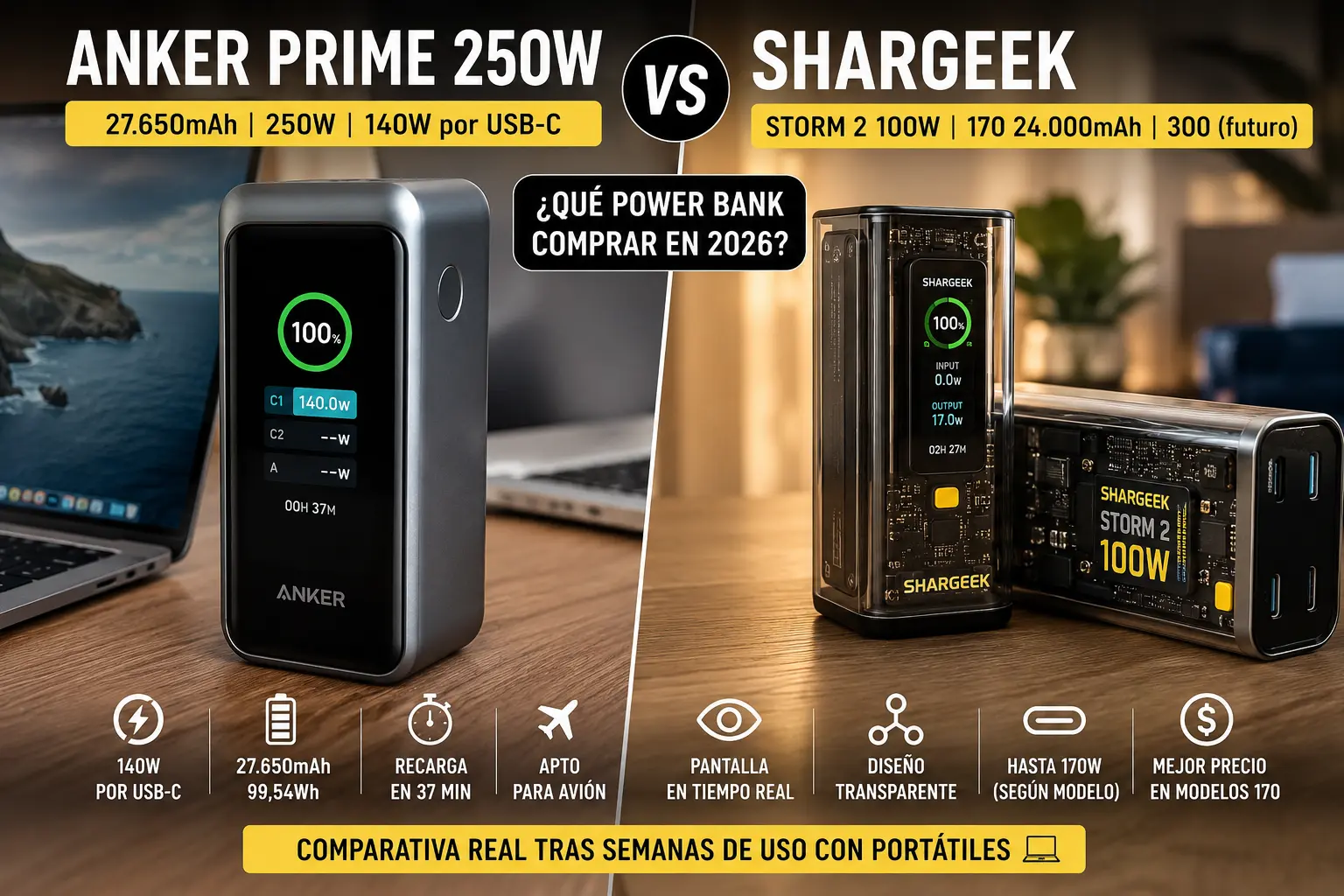 Anker Prime 250W vs Shargeek: ¿qué power bank ultrarrápido comprar en 2026? (opinión real tras semanas de uso)