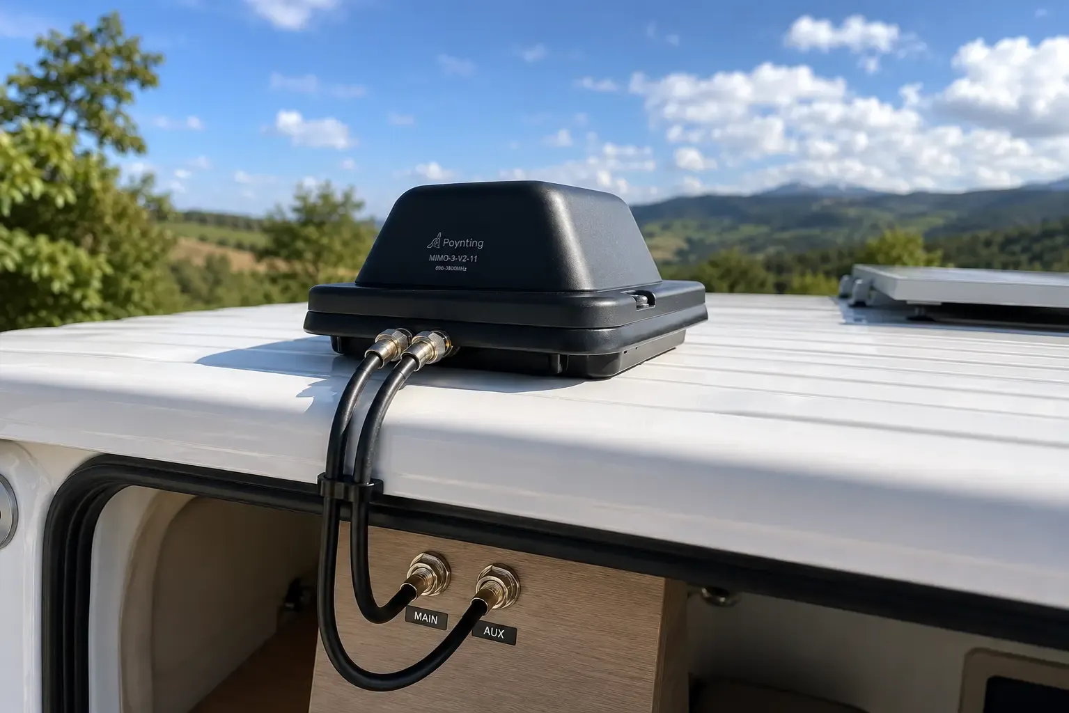 Antena MIMO omnidireccional instalada en el techo de una camper con conectores SMA