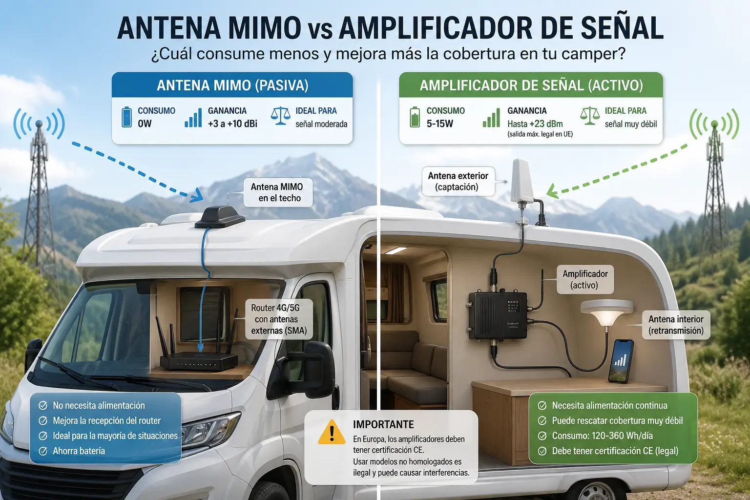 Antena MIMO vs Amplificador de Señal para Camper: ¿Cuál Consume Menos y Mejora Más la Cobertura? (2026)