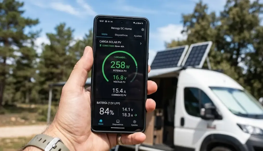 Primer plano de un teléfono móvil mostrando la pantalla de la app Renogy DC Home, viendo los Watios y Voltios reales que bajan de las placas solares en tiempo real via Bluetooth.