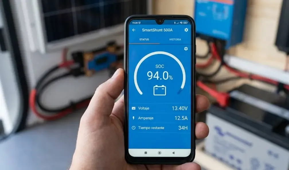 Pantalla de la app VictronConnect mostrando SOC, voltaje, amperaje y tiempo restante de batería en una instalación solar camper