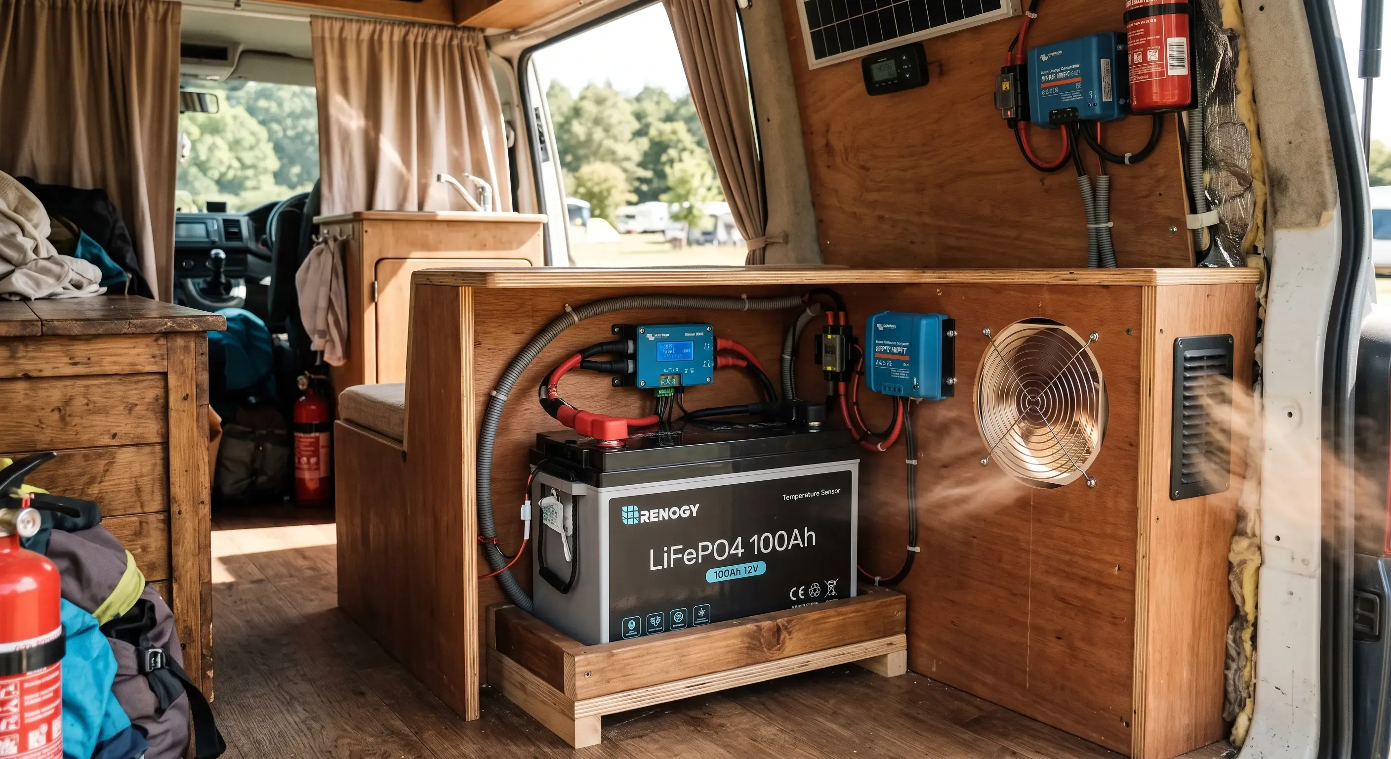 Batería LiFePO4 en compartimento caluroso de furgoneta camper con ventilación para disipar el calor