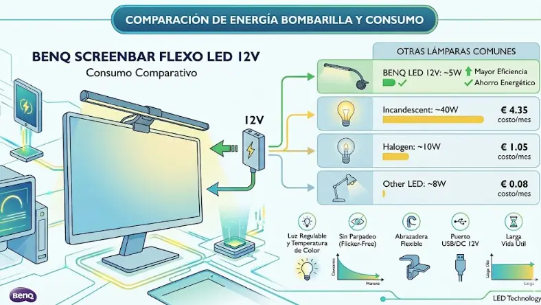 ScreenBar vs Flexo LED 12V: cuál gasta menos batería (medido en camper)