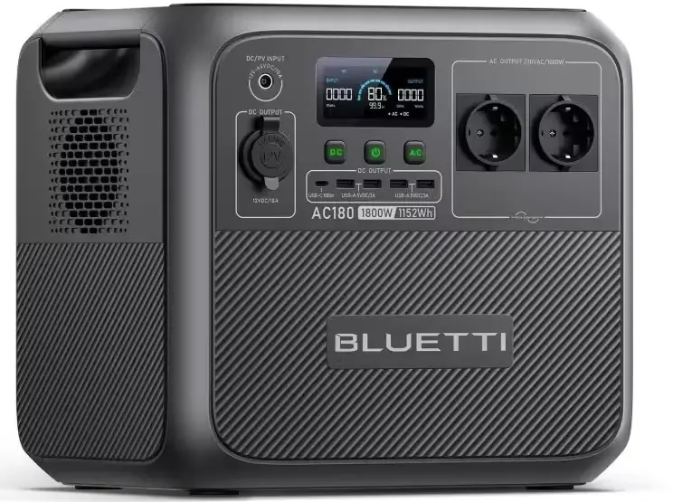 Generador solar Bluetti AC180 con pantalla encendida