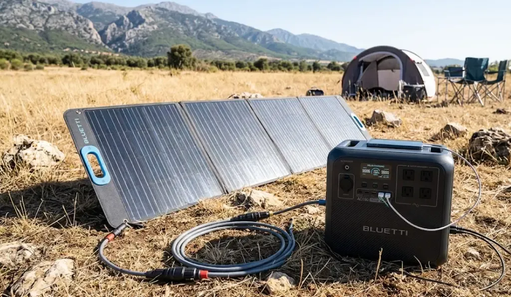 Bluetti AC180 conectado a panel solar portátil en exterior