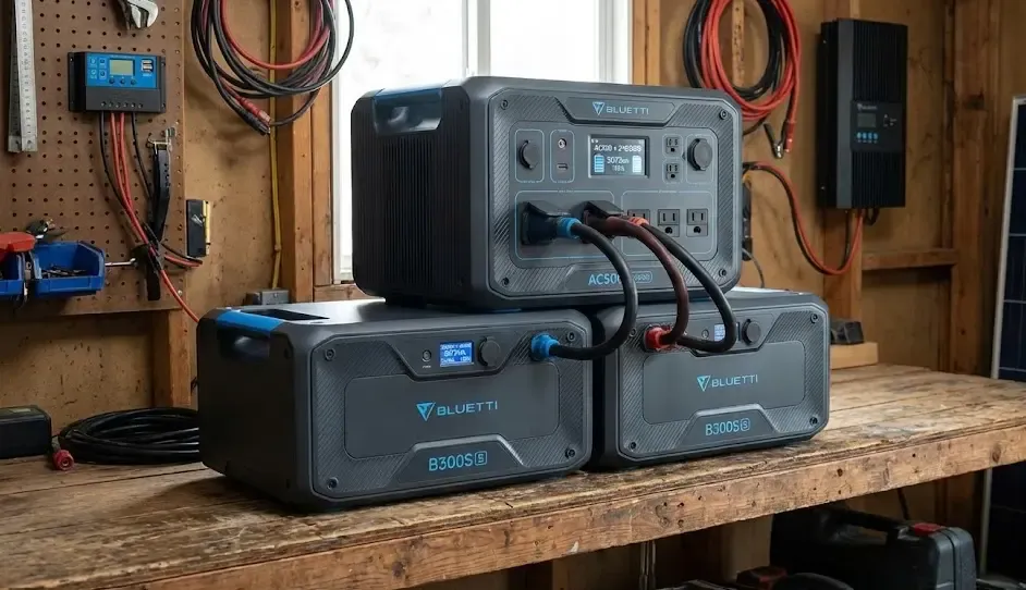 Sistema modular Bluetti AC500 con baterías B300S apiladas