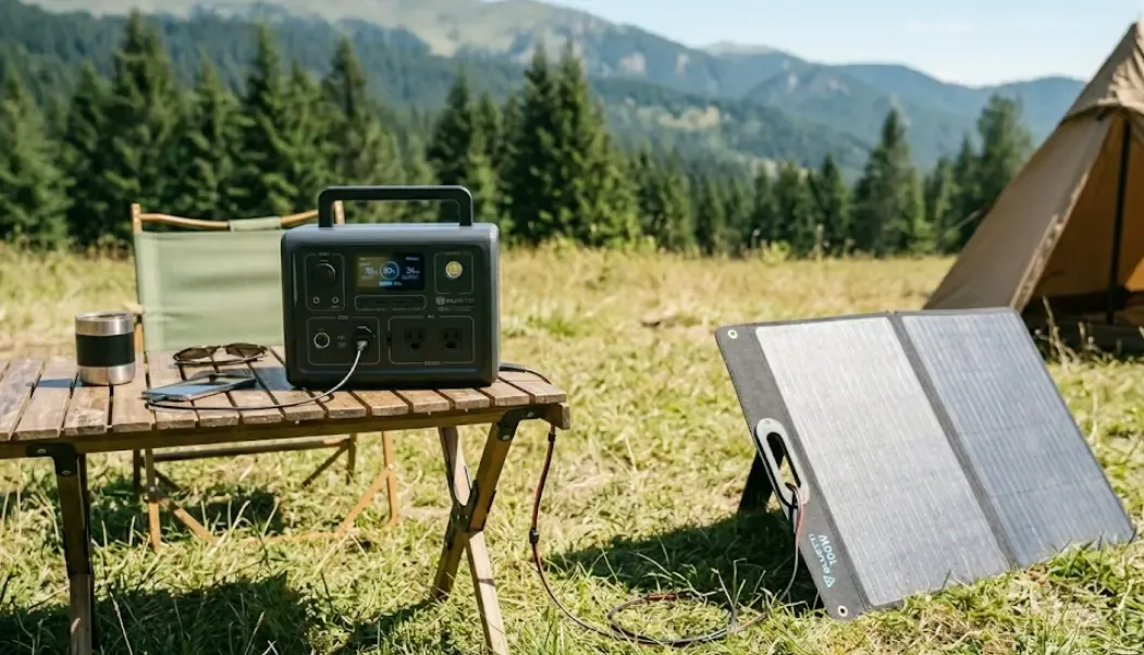 Bluetti EB3A conectado a un panel solar de 100W sobre la hierba en un camping de verano, cargando al 80%
