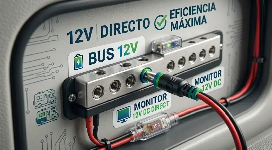 Cable DC barrel 5.5mm conectado a bus de 12V en instalación camper