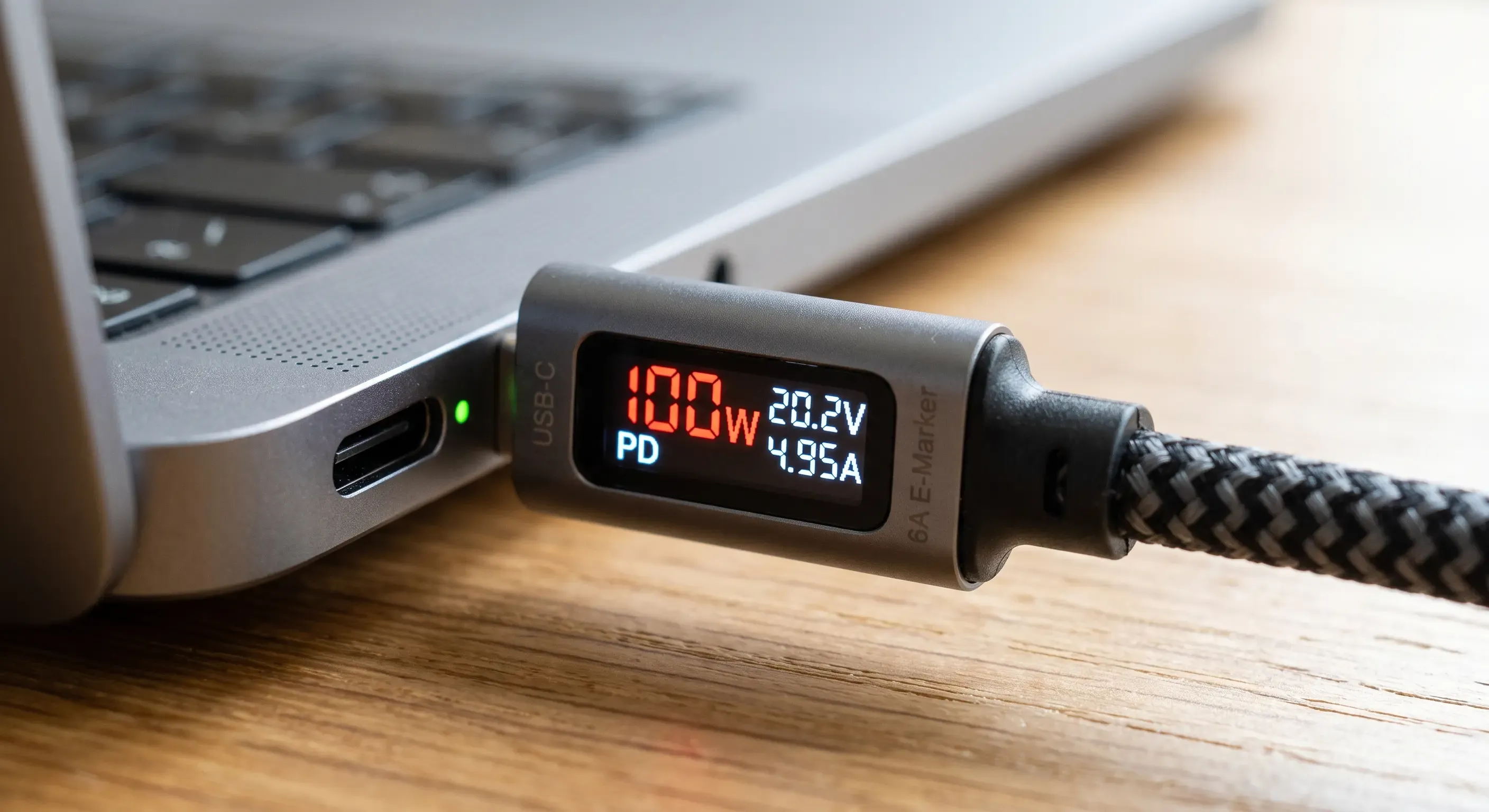 Detalle de la pantalla LED integrada en el conector del cable USB-C