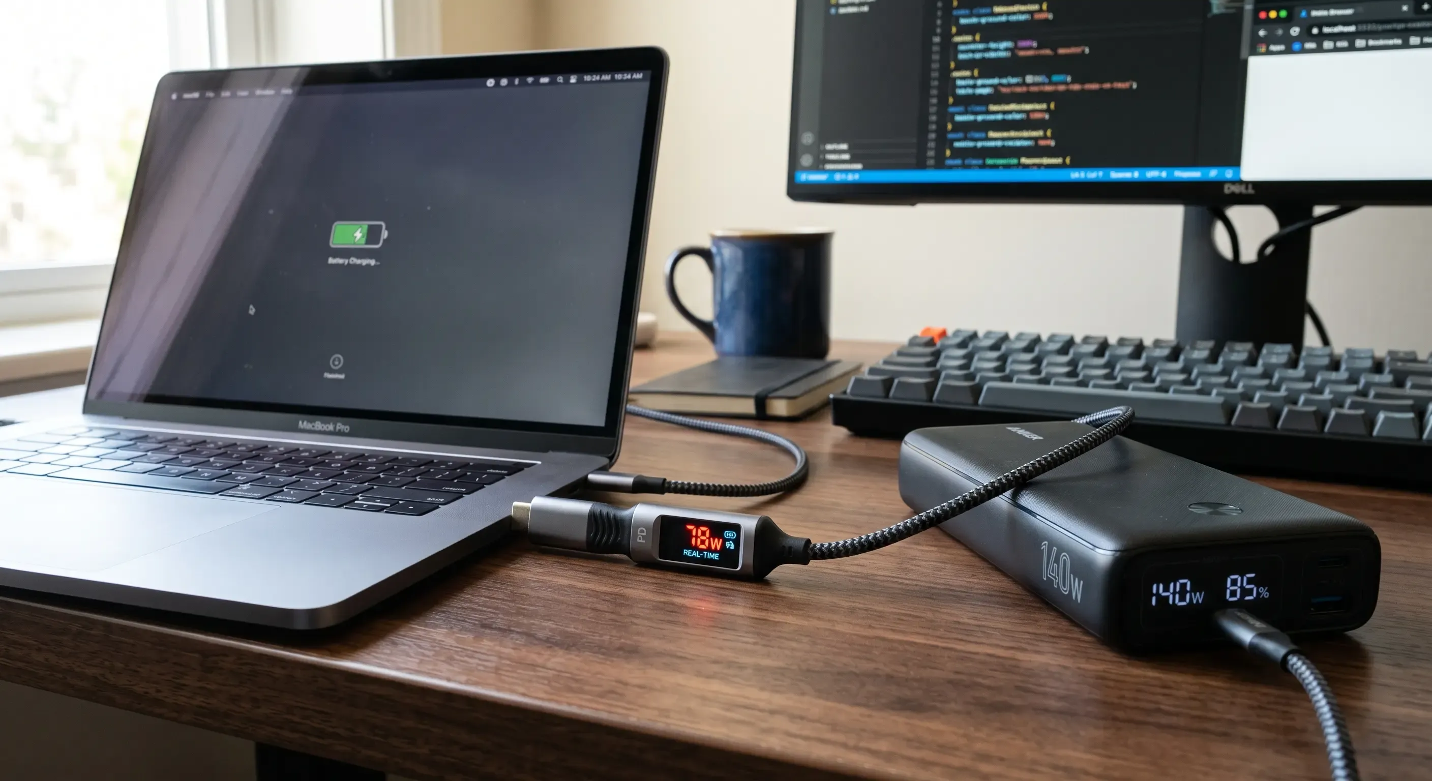 Cable USB-C con pantalla LED mostrando vatios en tiempo real