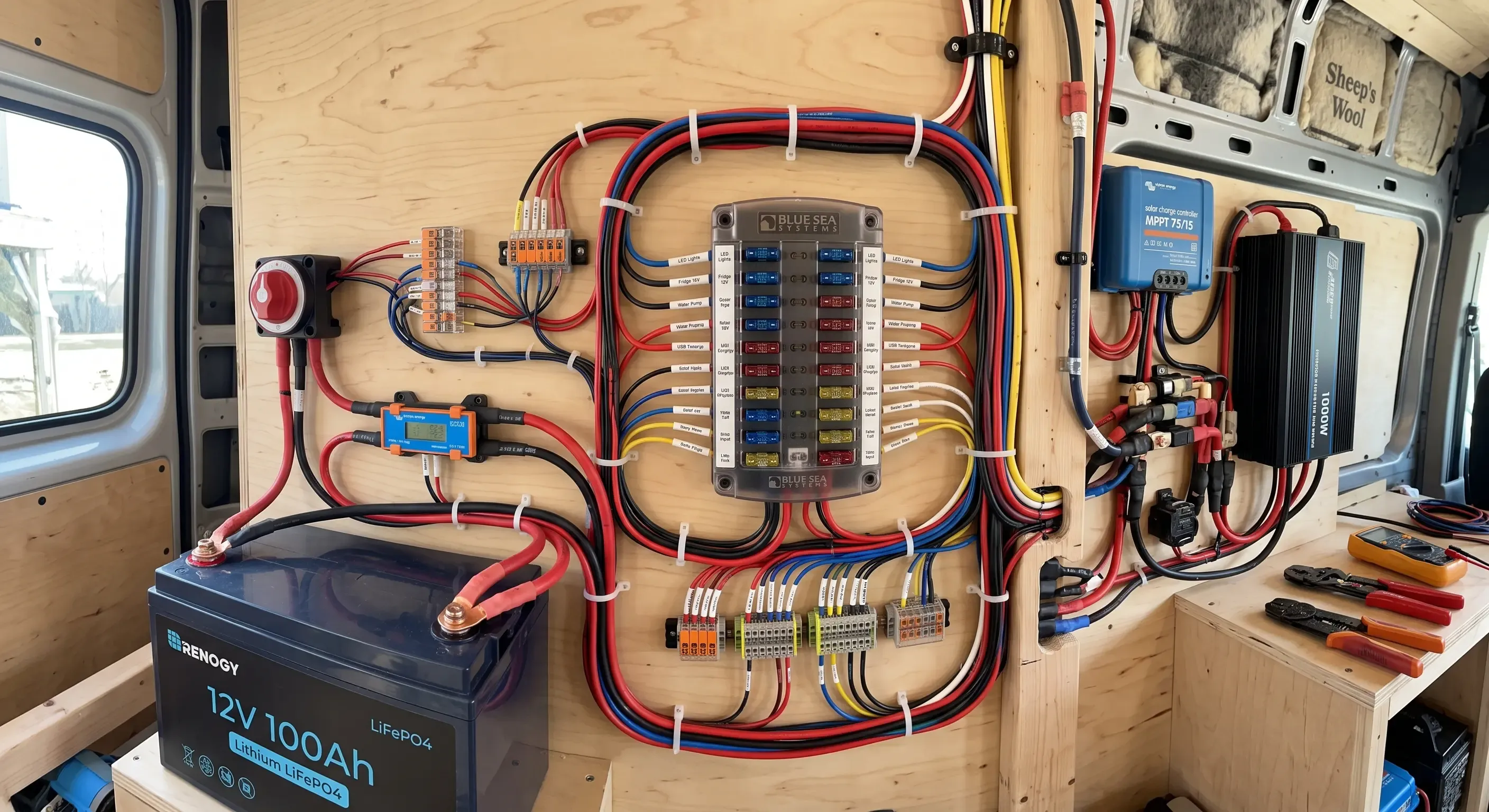 Cables y conexiones eléctricas en instalación de camper