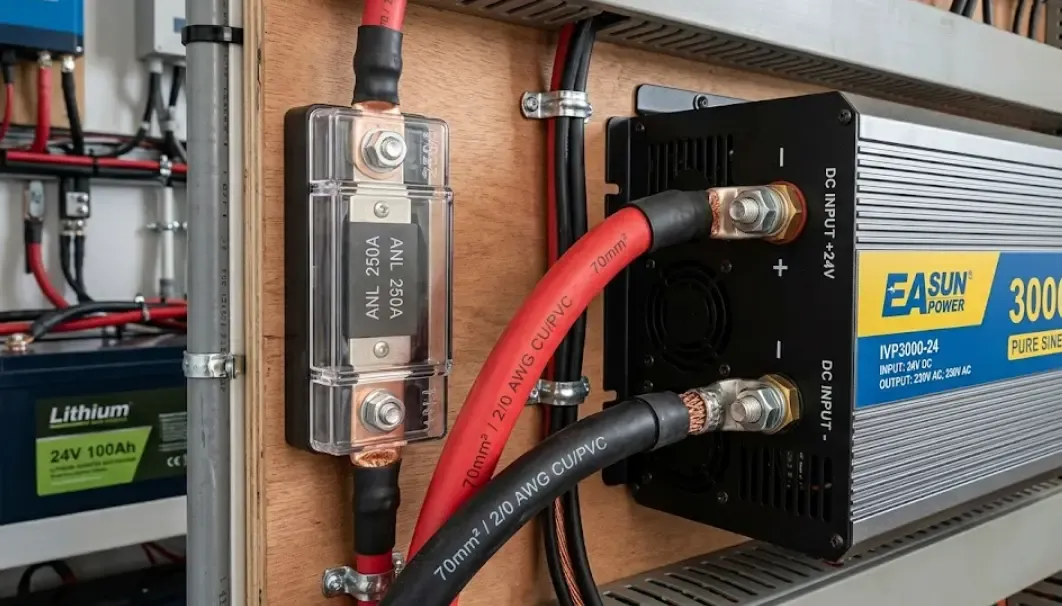 Detalle de una instalación profesional mostrando cables rojos y negros de 70mm cuadrados de sección conectados a un inversor de 3000W junto a un enorme fusible ANL