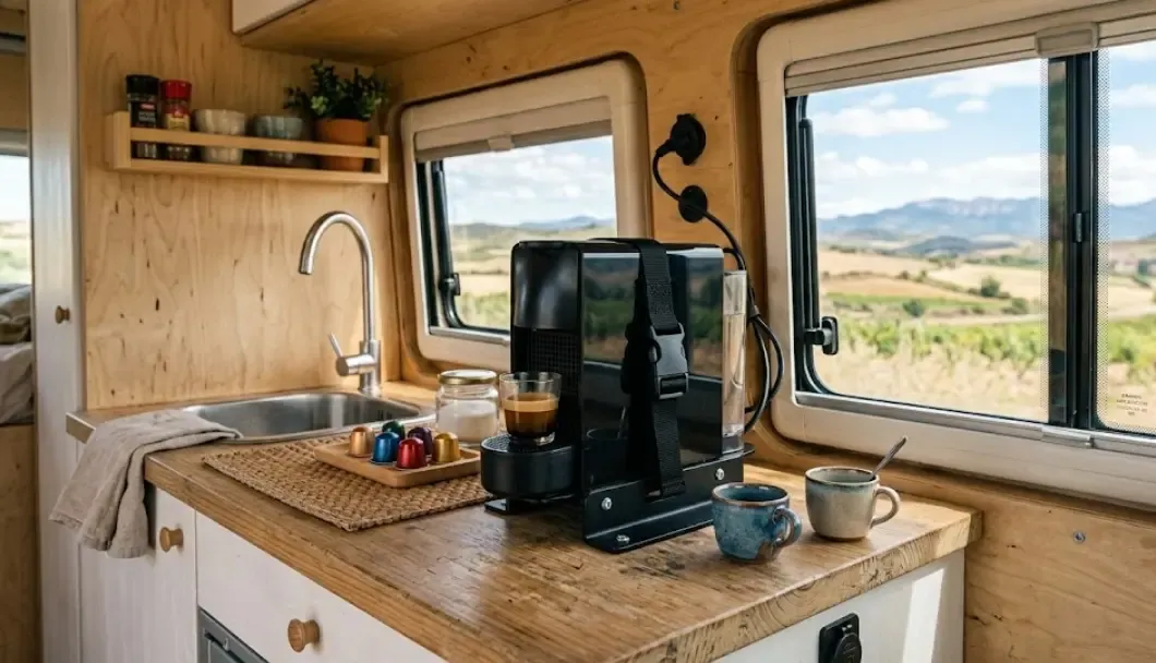 Cafetera de cápsulas pequeña instalada de forma segura en la encimera de una camper