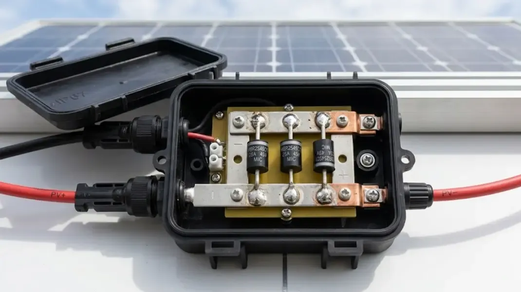 Primer plano de la caja de empalmes abierta en la parte trasera de un panel solar, mostrando claramente tres diodos Schottky conectados entre las placas de metal