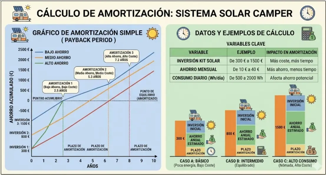 Gráfico de cálculo de amortización de un sistema de energía solar para camper según ahorro mensual e inversión