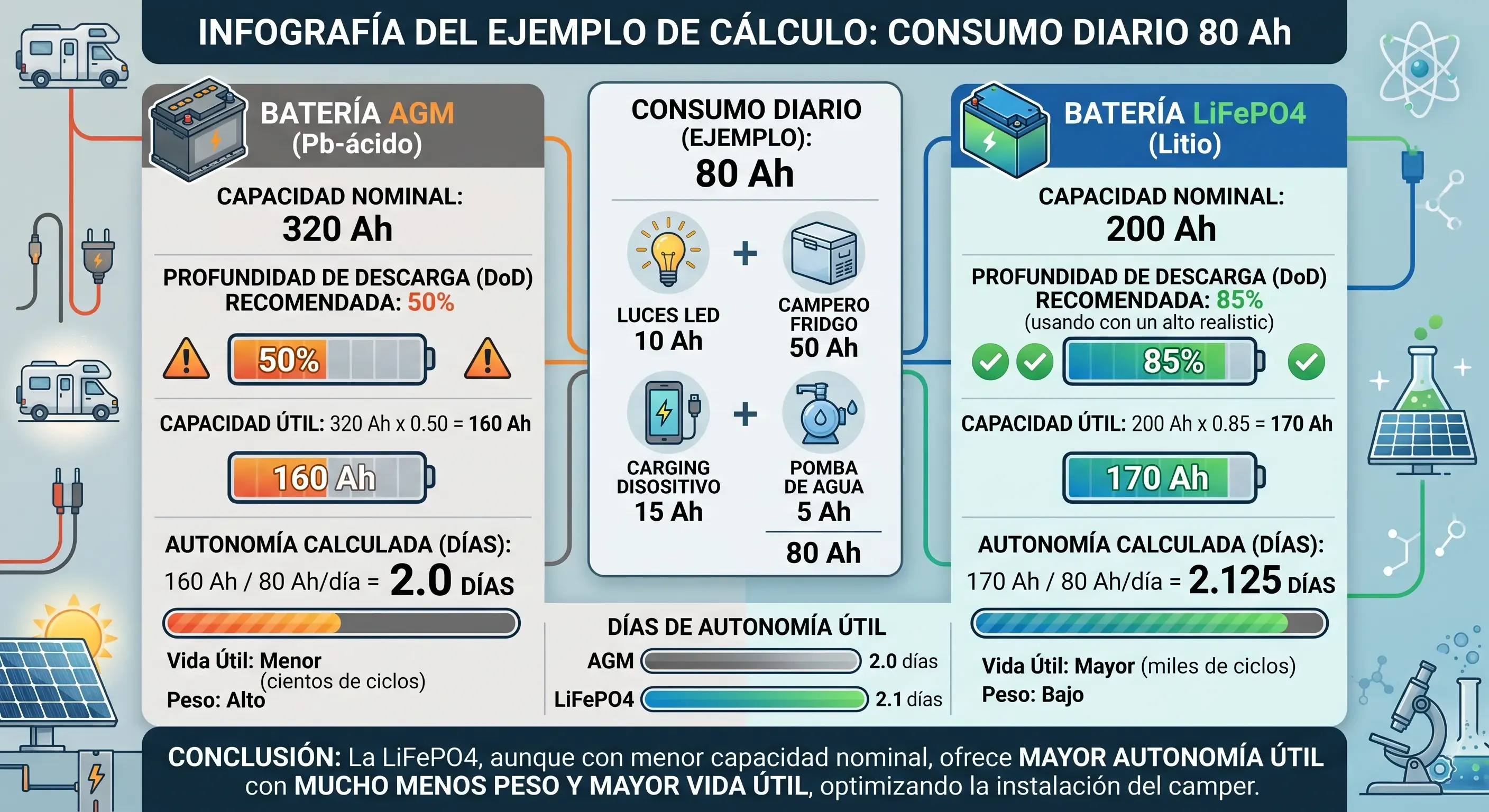 Infografía del ejemplo de cálculo: consumo diario 80 Ah, AGM 320 Ah vs LiFePO4 200 Ah