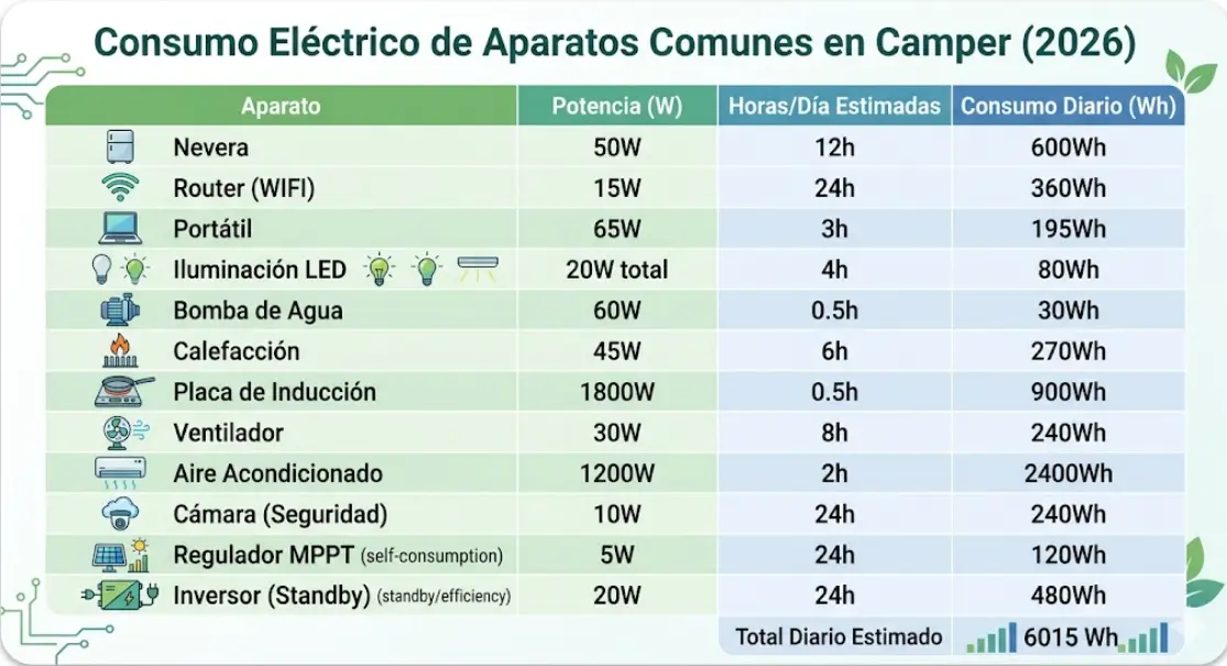 Cálculo de Consumo Eléctrico Camper 2026: Guía Definitiva y Tabla de Vatios