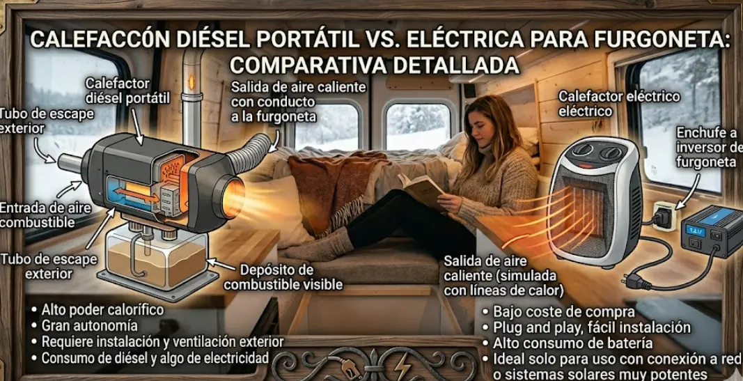 Calefacción Diésel Portátil vs Eléctrica para Furgoneta (2026): Qué Conviene Más
