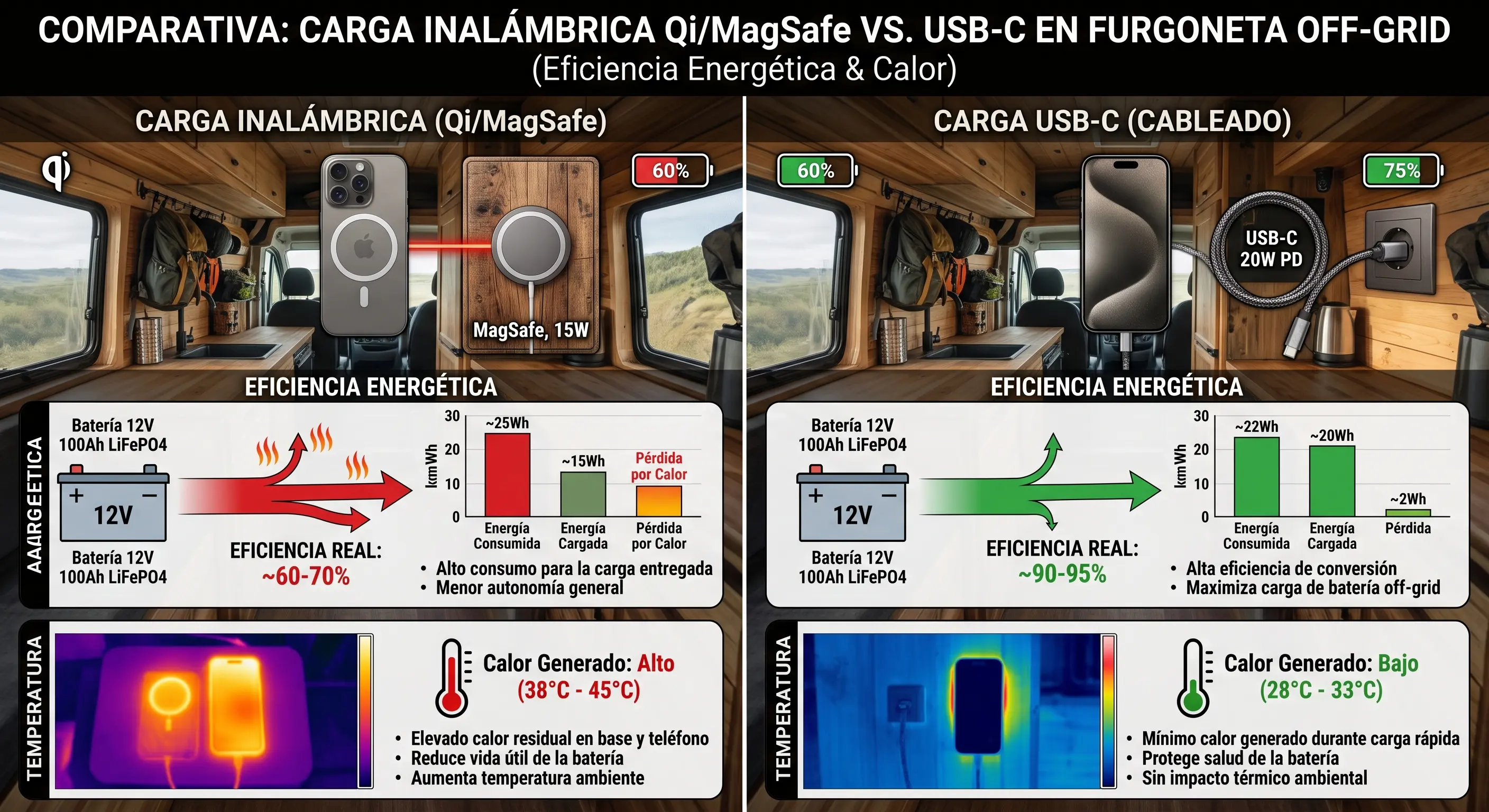 Carga Inalámbrica vs USB-C en Furgoneta: Eficiencia, Consumo y Autonomía Real