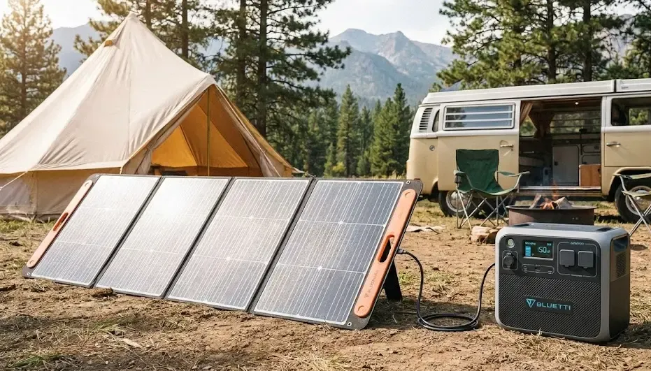 Panel solar portátil desplegado cargando una batería Bluetti en un camping
