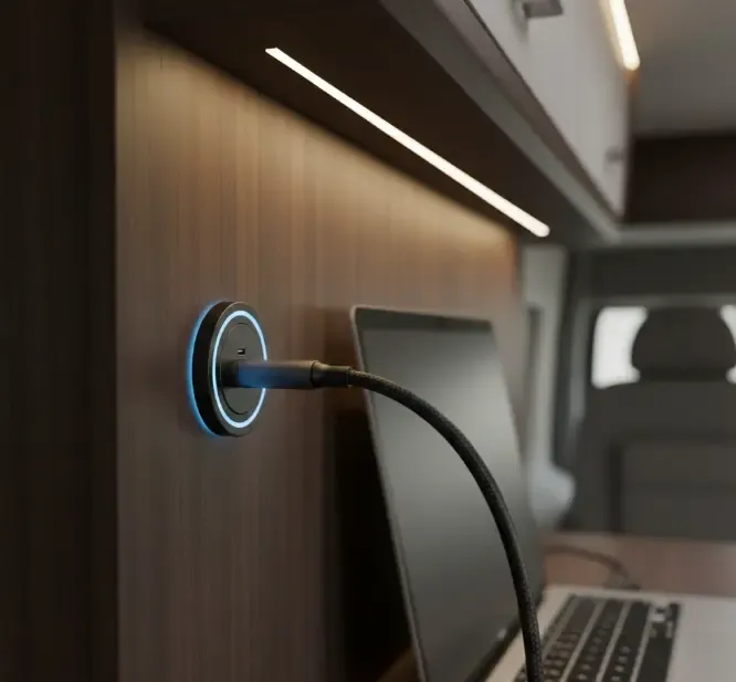 Detalle de una toma empotrable USB-C Power Delivery de 65W instalada en la pared de madera de una furgoneta camper, cargando un ordenador portátil