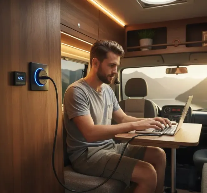 Nómada digital trabajando en su portátil dentro de una furgoneta camper, cargando el ordenador directamente desde una toma de 12V instalada en la madera