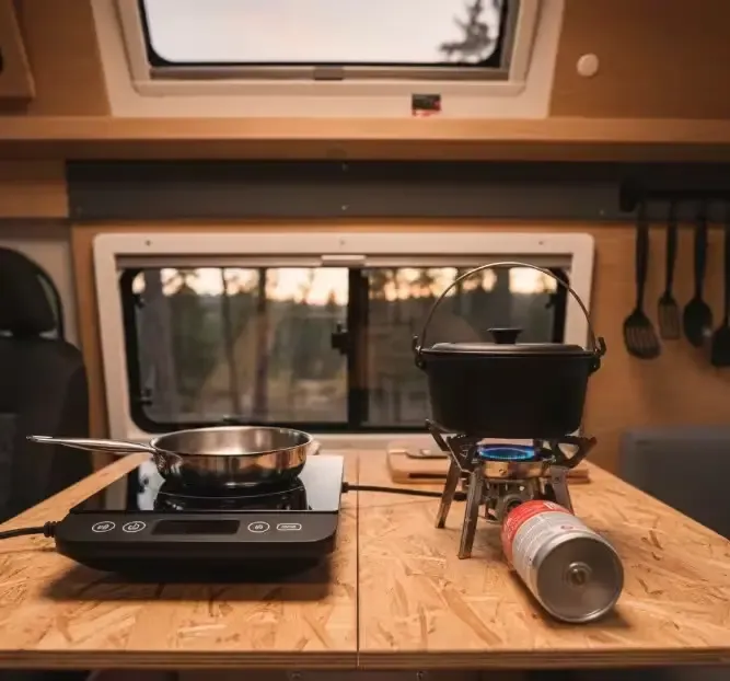 Mesa de cocina en furgoneta camper mostrando una placa de inducción a la izquierda y un hornillo de gas a la derecha
