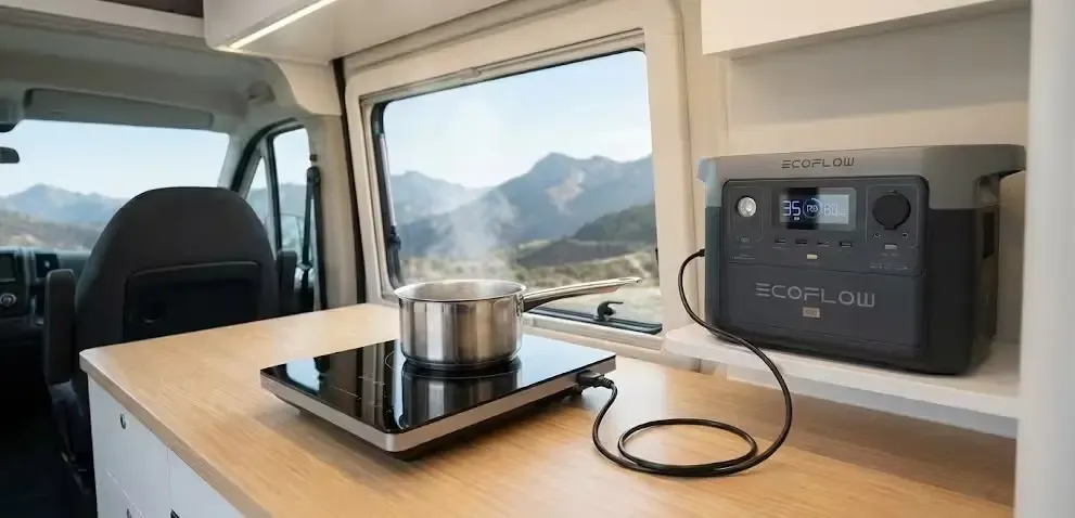 Cocinando con inducción en furgoneta usando batería portátil