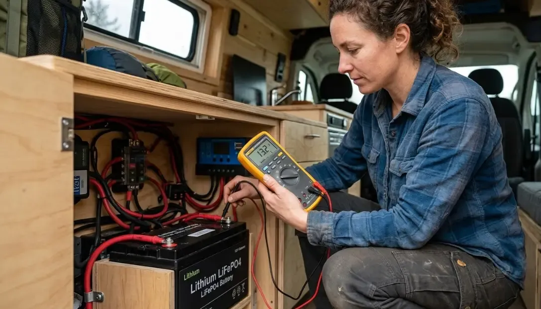 Persona usando un multímetro digital para medir el voltaje de una batería de litio de 12V en una furgoneta camper