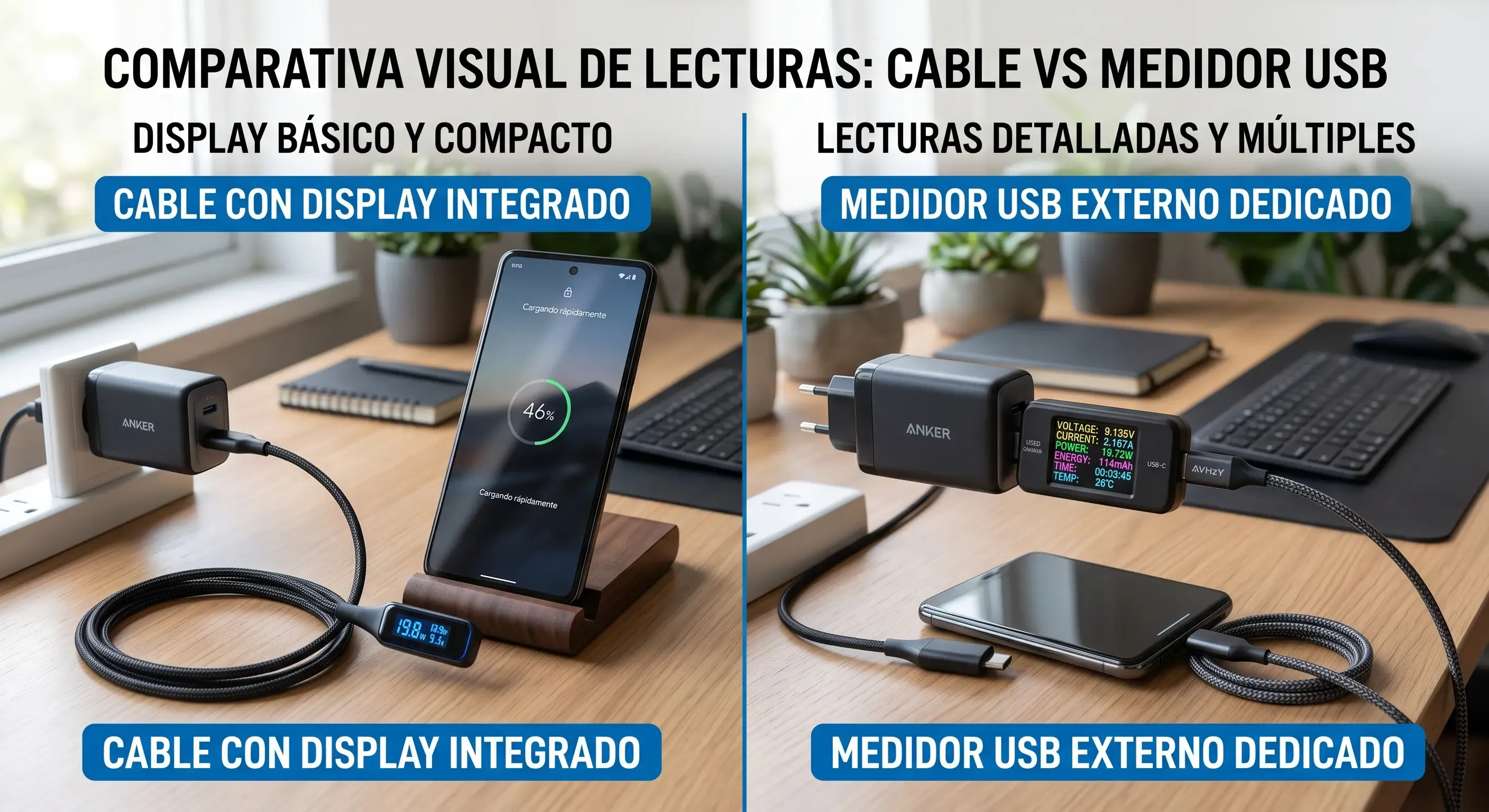 Comparativa visual de lecturas entre cable con display y medidor USB