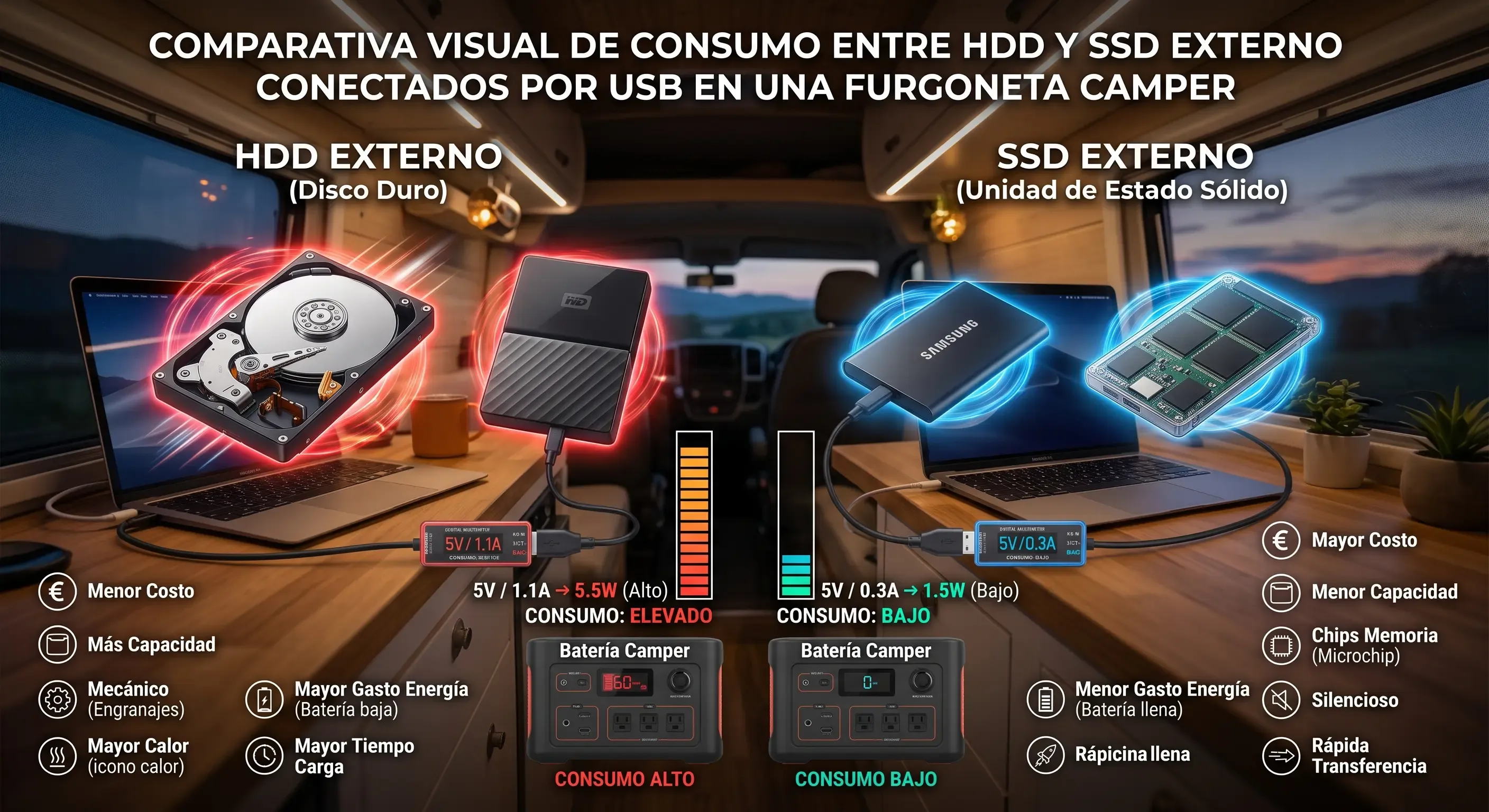 Comparativa visual de consumo entre HDD y SSD externo conectados por USB en una furgoneta camper
