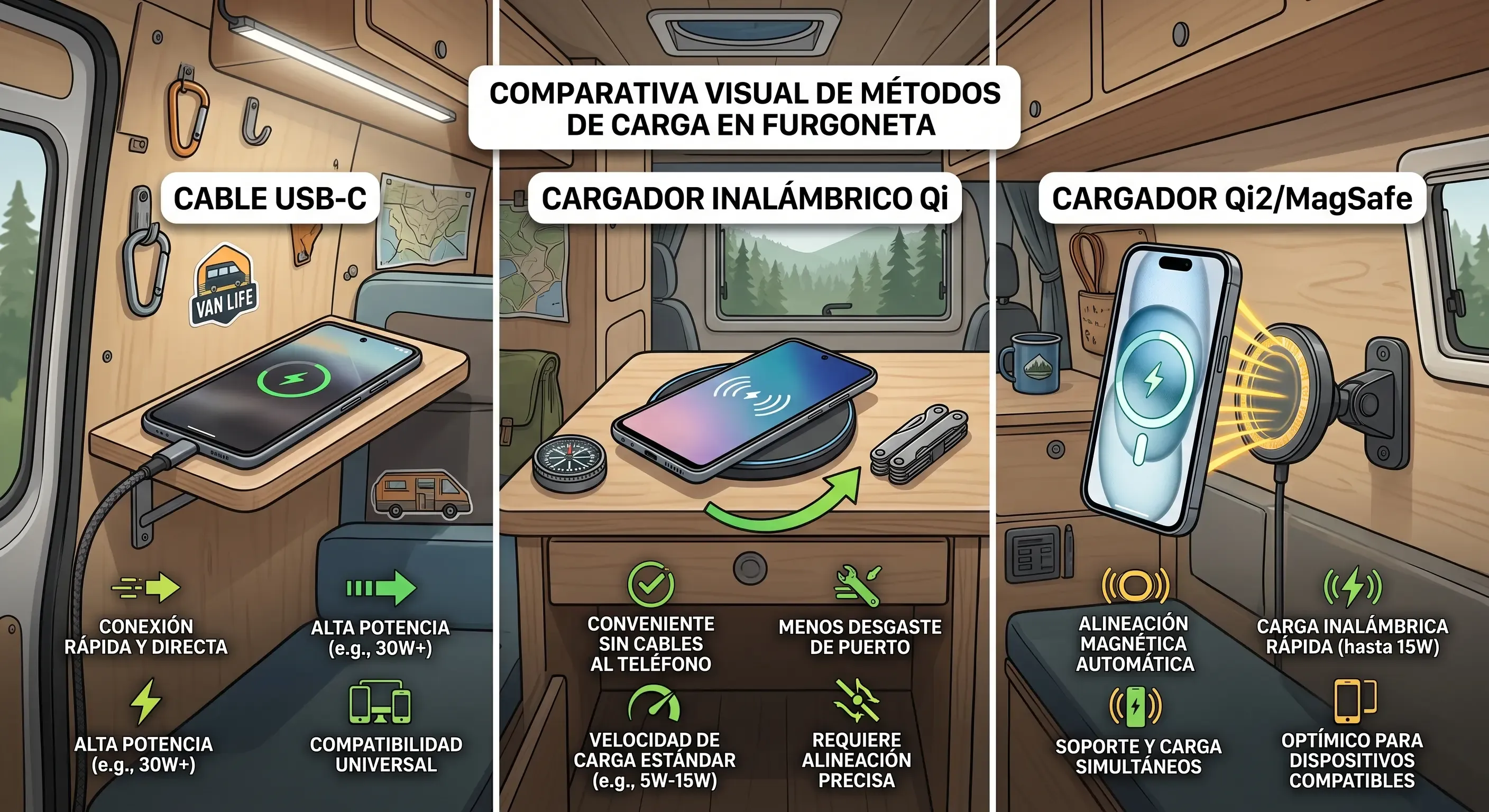 Comparativa visual de los tres métodos de carga para furgoneta: cable USB-C, cargador inalámbrico Qi y cargador Qi2/MagSafe