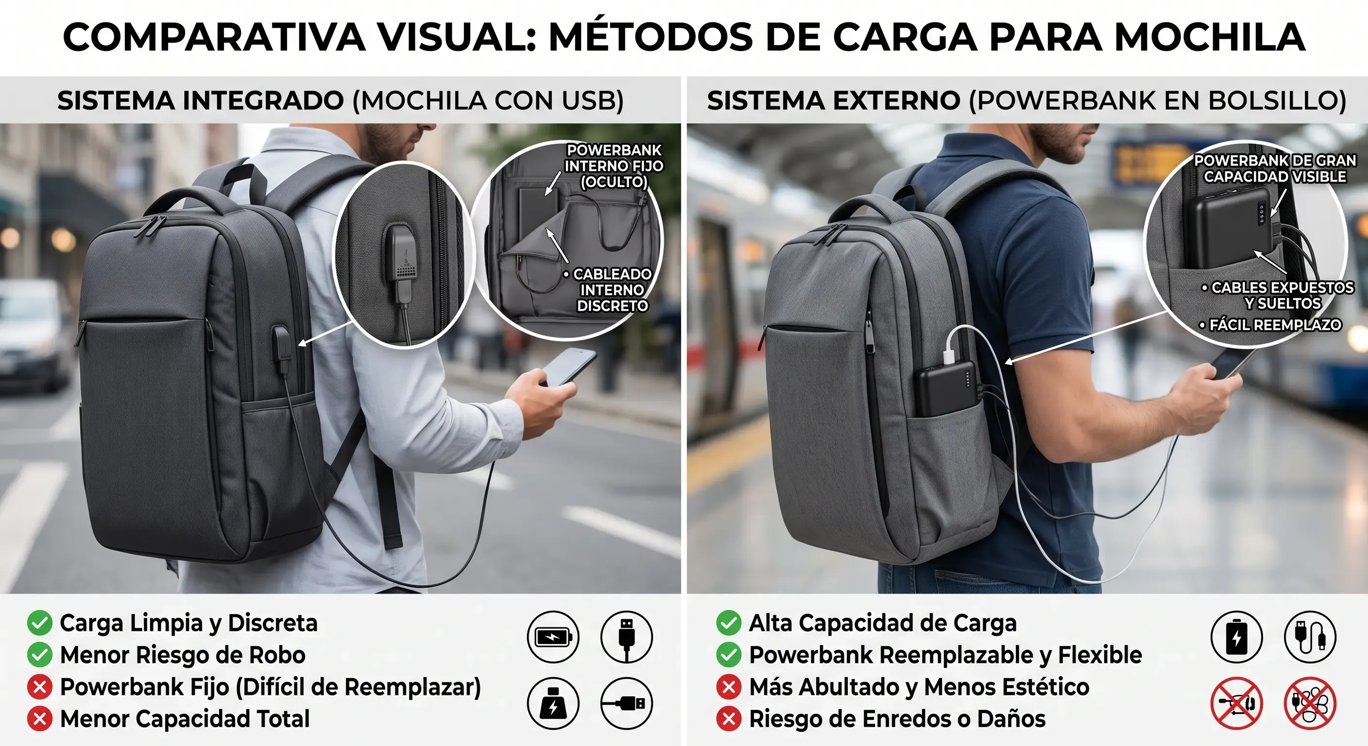 Comparativa visual entre mochila con USB integrado y powerbank externo en bolsillo exterior