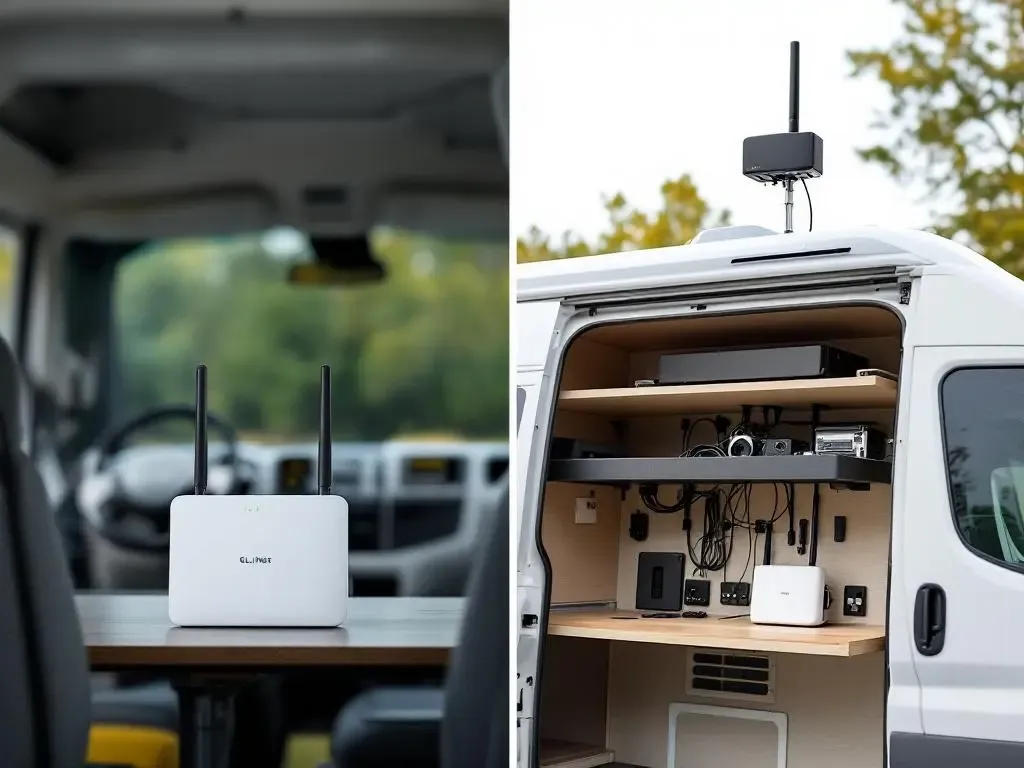 Imagen comparativa: router MiFi sin antena externa al lado de un GL.iNet Spitz con antena Poynting MIMO-3 instalada en el techo de una furgoneta. La diferencia de señal es visible en el panel LED del router.