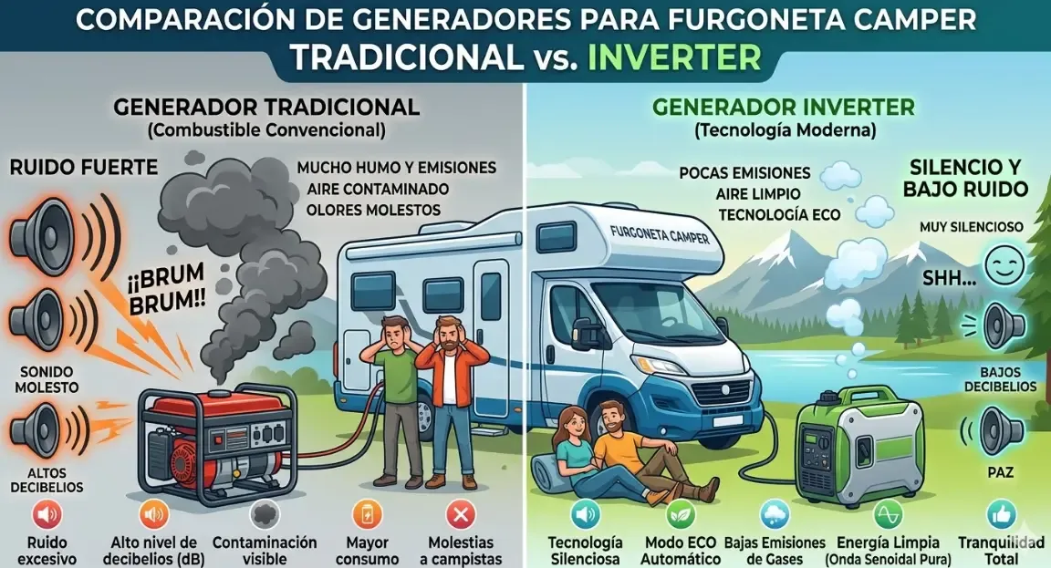 Infografía visual que muestra una furgoneta camper rodeada de iconos de altavoces y nubes de gas, comparando el ruido y humo de un generador tradicional frente al silencio de un inverter