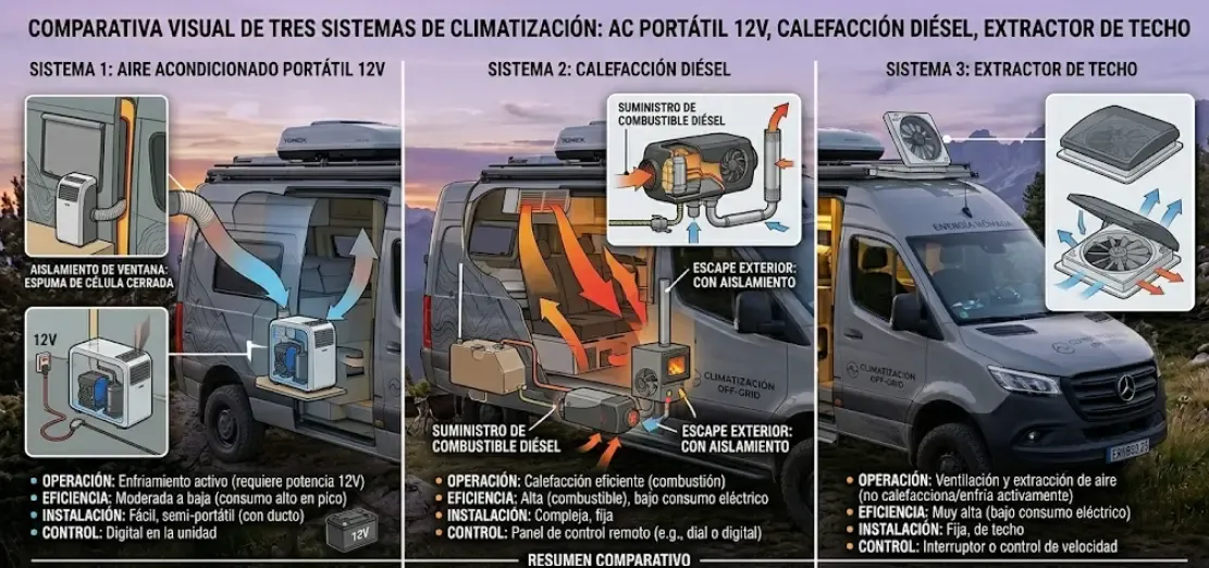 Comparativa visual de los tres sistemas de climatización: aire acondicionado portátil 12V, calefacción diésel y extractor de techo