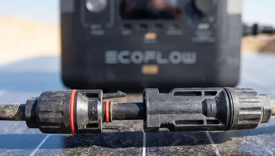 Detalle de conectores MC4 positivo y negativo usados en paneles solares para conectar a estaciones portátiles