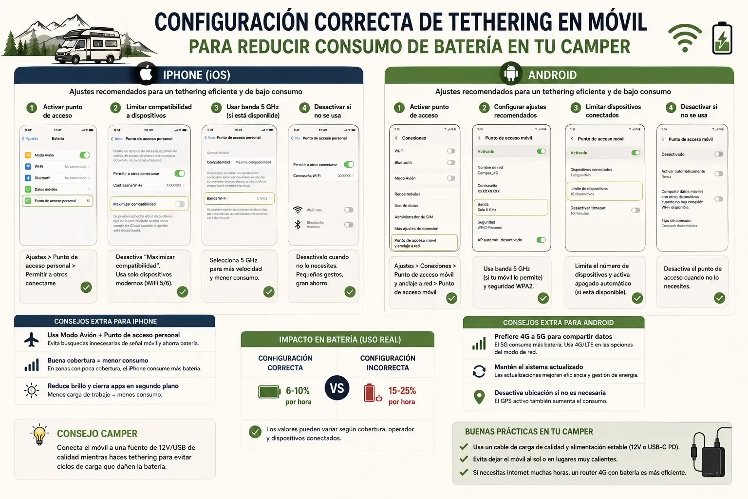 Configuración correcta de tethering en iPhone y Android para reducir consumo batería camper