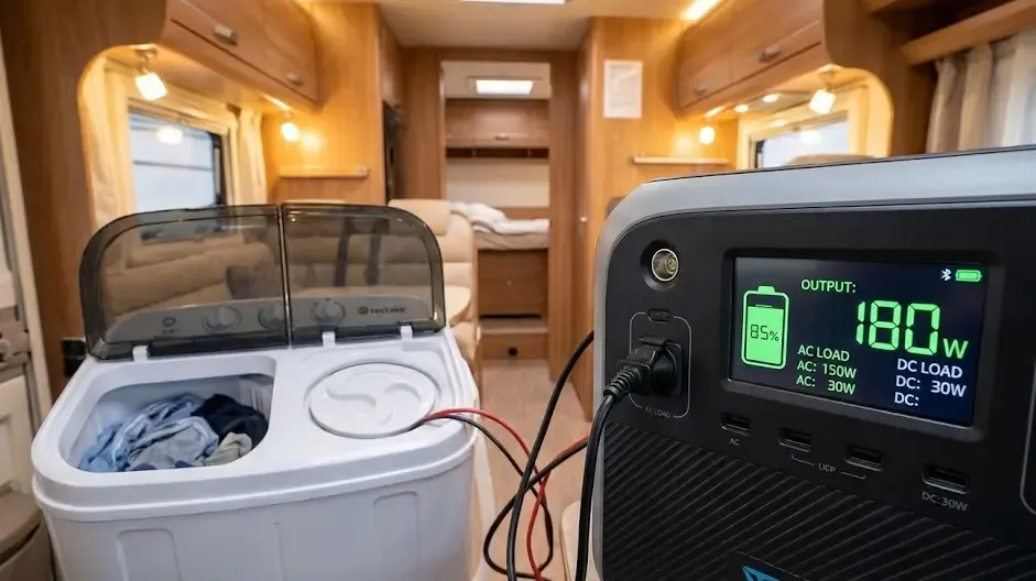 Pantalla de una estación de energía portátil Bluetti mostrando un consumo bajo mientras alimenta una lavadora de doble tambor en una autocaravana