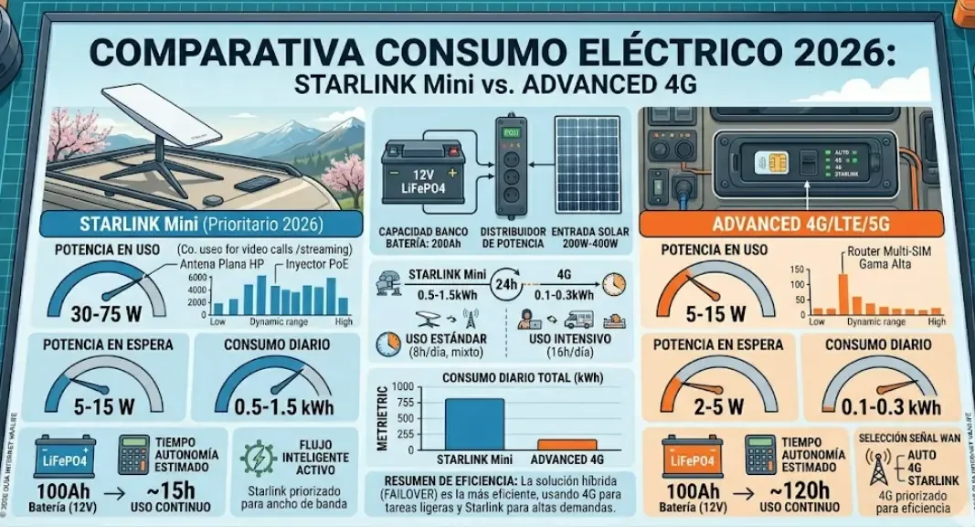 Comparativa consumo eléctrico Starlink vs 4G