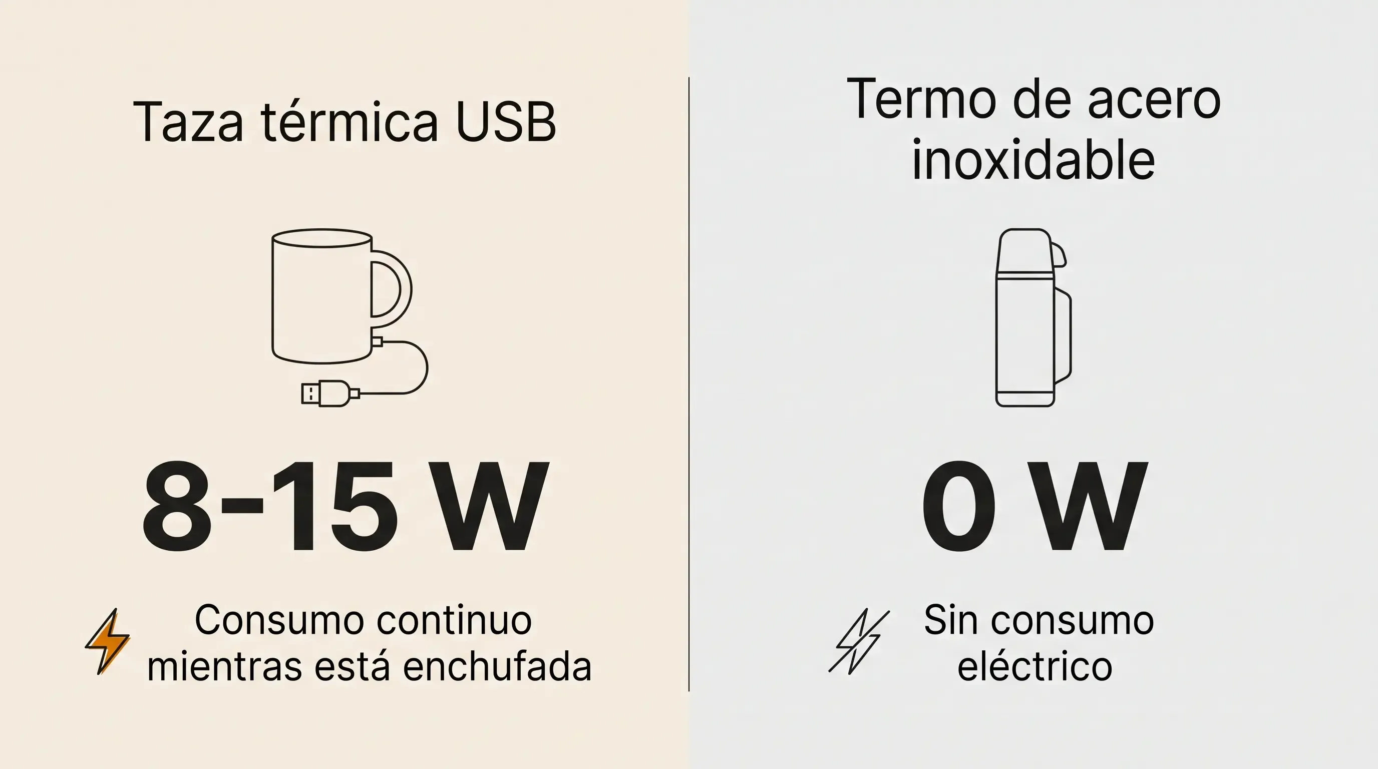 Infografía comparativa: taza térmica USB consume 8-15 W frente a un termo de acero inoxidable que consume 0 W