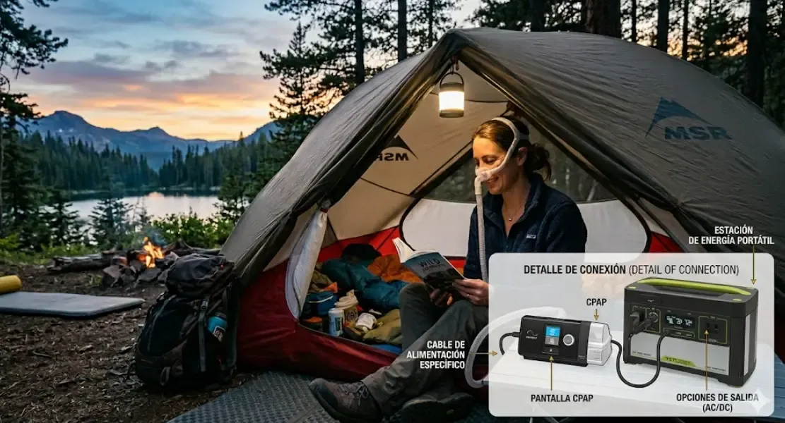 Conexión CPAP a estación de energía portátil en camping