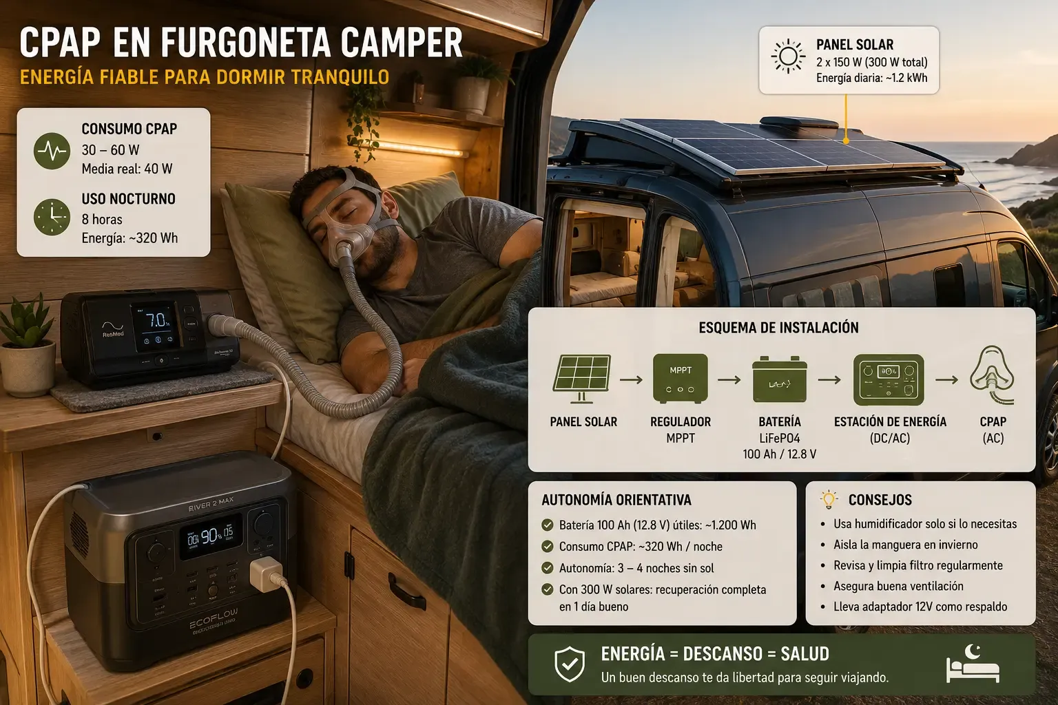 Instalación CPAP en furgoneta camper con panel solar